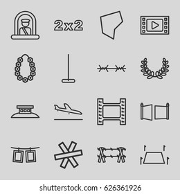 Border icons set. set of 16 border outline icons such as plane landing, airport officer, mop, garland, photos on rope, land territory, gate, wire fence, blackboard
