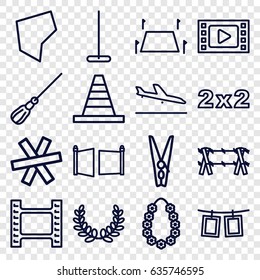 Border icons set. set of 16 border outline icons such as plane landing, mop, cone, garland, cloth pin, photos on rope, land territory, gate, wire fence, blackboard