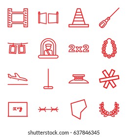 Border icons set. set of 16 border outline icons such as plane landing, airport officer, mop, cone, garland, photos on rope, land territory, gate, wire fence, blackboard