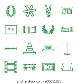 Border icons set. set of 16 border outline icons such as mop, cone, garland, cloth pin, photos on rope, land territory, gate, wire fence, blackboard, blackboard x+y
