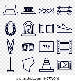 Border icons set. set of 16 border outline icons such as plane landing, airport officer, mop, cone, garland, cloth pin, photos on rope, land territory, gate, wire fence