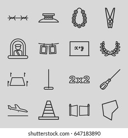 Border icons set. set of 16 border outline icons such as plane landing, airport officer, mop, cone, garland, cloth pin, photos on rope, land territory, gate, wire fence