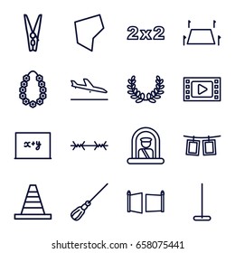 Border icons set. set of 16 border outline icons such as plane landing, airport officer, mop, cone, garland, cloth pin, photos on rope, land territory, gate, wire fence