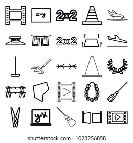 Border icons. set of 25 editable outline border icons such as plane landing, mop, cone, blackboard, blackboard x+y, movie tape, garland, cloth pin, photos on rope