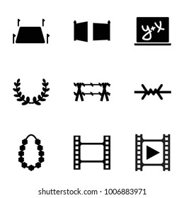 Border icons. set of 9 editable filled border icons such as movie tape, garland, land territory, gate, olive wreath, wire fence