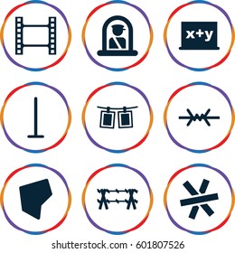 border icons set. Set of 9 border filled icons such as airport officer, mop, photos on rope, land territory, wire fence, movie tape