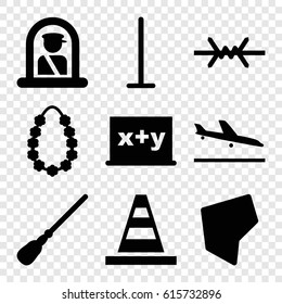Border icons set. set of 9 border filled icons such as plane landing, airport officer, mop, cone, garland, land territory, wire fence