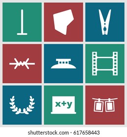 Border icons set. set of 9 border filled icons such as mop, cloth pin, photos on rope, land territory, wire fence, olive wreath, movie tape