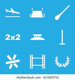 Border icons set. set of 9 border filled icons such as plane landing, mop, land territory, wire fence, olive wreath, movie tape
