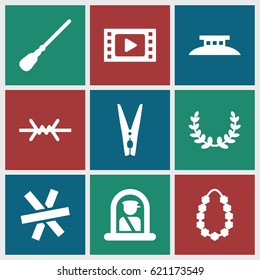 Border icons set. set of 9 border filled icons such as airport officer, mop, garland, cloth pin, wire fence, olive wreath