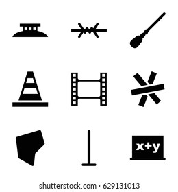 Border icons set. set of 9 border filled icons such as mop, cone, land territory, wire fence, movie tape