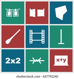 Border icons set. set of 9 border filled icons such as mop, photos on rope, land territory, gate, wire fence, movie tape, blackboard