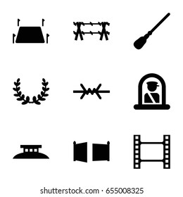 Border icons set. set of 9 border filled icons such as airport officer, mop, land territory, gate, wire fence, olive wreath
