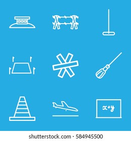 border icons set. Set of 9 border outline icons such as plane landing, mop, cone, land territory, wire fence