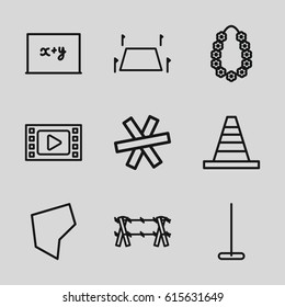 Border icons set. set of 9 border outline icons such as mop, cone, garland, land territory, wire fence, blackboard x+y