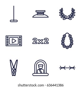 Border icons set. set of 9 border outline icons such as airport officer, mop, garland, cloth pin, wire fence, blackboard, olive wreath