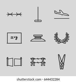 Border icons set. set of 9 border outline icons such as plane landing, mop, cloth pin, gate, wire fence, blackboard x+y
