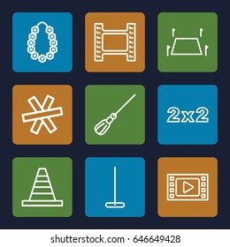 Border icons set. set of 9 border outline icons such as mop, cone, garland, land territory, wire fence, blackboard