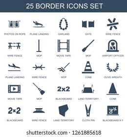 border icons. Trendy 25 border icons. Contain icons such as photos on rope, plane landing, garland, gate, wire fence, mop, movie tape, airport officer. border icon for web and mobile.