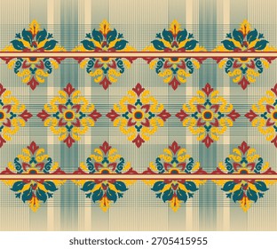 “Majestic Border Ikat Blossoms in Warm Harmony”