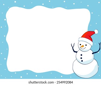 A border illustration featuring a smiling snowman with falling snow on clean blue background. snowman wearing red Santa hat.
