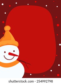 A border illustration featuring a smiling snowman with falling snow on red background. snowman wearing Santa hat.