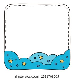 Border illustration frame with hand drawn sky, stars and clouds.