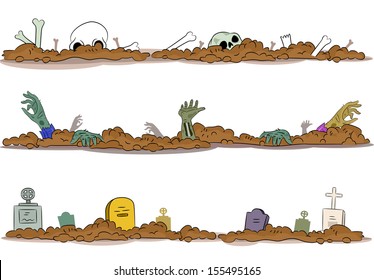 Border Illustration of a Graveyard with Bones, Hands, and Gravestones Protruding from the Ground