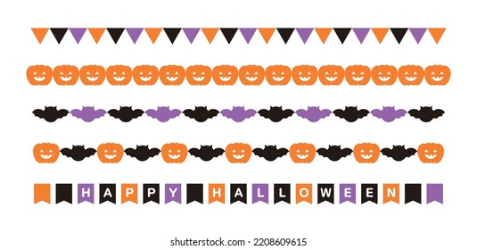 Border illustration line set of cute character icon combination of Halloween day concept of autumn season. Garland flag with 'Happy Halloween' written on it.