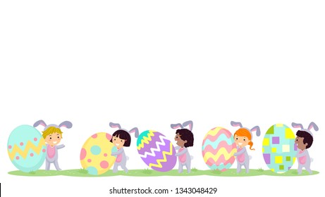 Border Illustration of Stickman Kids Walking in Bunny Costumes and Rolling Easter Eggs