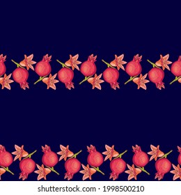 Border with the image of pomegranates. Horizontal botanical drawing of red fruits and flowers on a blue background. Seamless pattern.