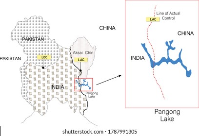 Border Of India And China Map. Line Of Actual Control Or LAC. Map Of Pangong Lake.