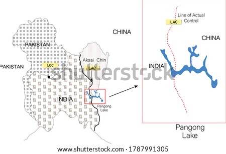 border of India and China map. line of actual control or LAC. Map of Pangong lake.
