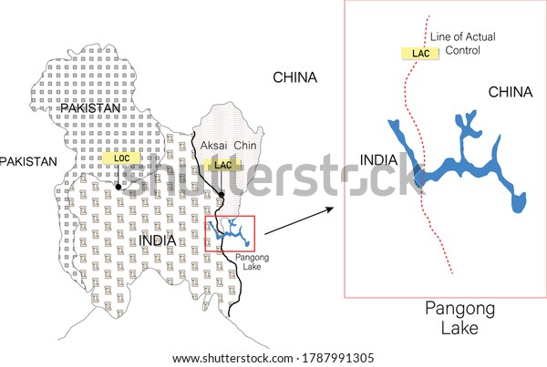 border of India and China map. line of\
actual control or LAC. Map of Pangong\
lake.