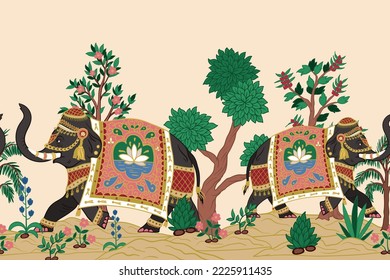 Border and Indian elephants   decorative elements  Vector