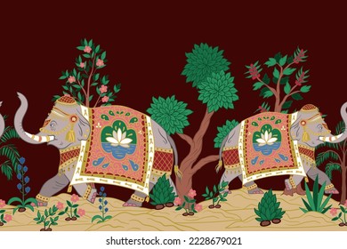 Border with Indian elephants and decorative elements. Vector