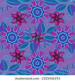 Border Indian floral Paisley patten. seamless ornament print. Ethnic Mandala towel. vector Henna style. Can be used for greeting business card background, coloring book, backdrop, textile. Pink. Lilac