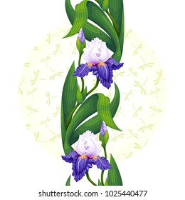 Border of Iris flowers on a round pattern with dragonflies. Seamless background.