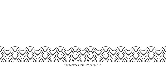 Border with japanese seigaiha pattern. Black and white scallops print. Fish squama or dragon scale. Sea or ocean waves background. Simple geometric ornament. Vector graphic illustration.