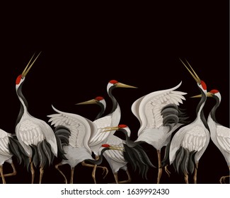 Border with Japanese white cranes. Oriental wallpaper.