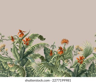 Border with jungle flowers and leaves. Vector