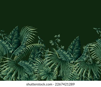 Border with jungle plants and leaves in victorian style. Vector