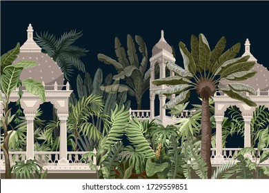 Border with jungle trees and ancient castle. Vector.