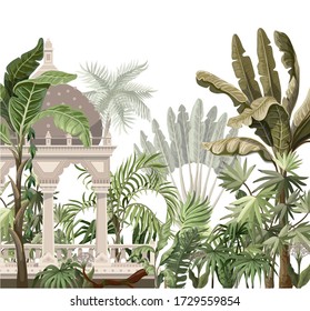 Border with jungle trees and ancient castle. Vector.