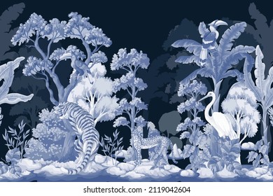 Border with jungle trees and animals. Monochrome interior vector print