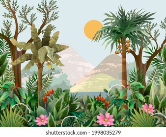 Frontera con árboles de selva y flores. Vector