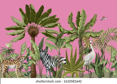 Border with jungle trees and wild birds and animals. Vector. 