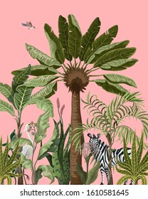 Border with jungle trees and wild birds and animals. Vector. 