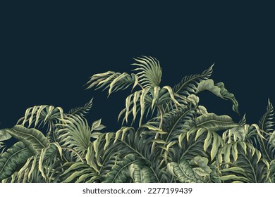 Border with jungle and tropical leaves. Vector