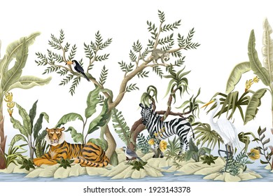 Border With Jungles Trees And Animals. Trendy Tropical Print